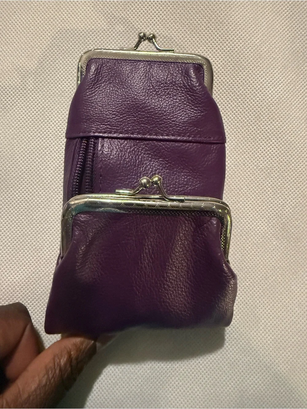 Compact Purple Leather Coin Purse with Double Kiss-Lock Compartments